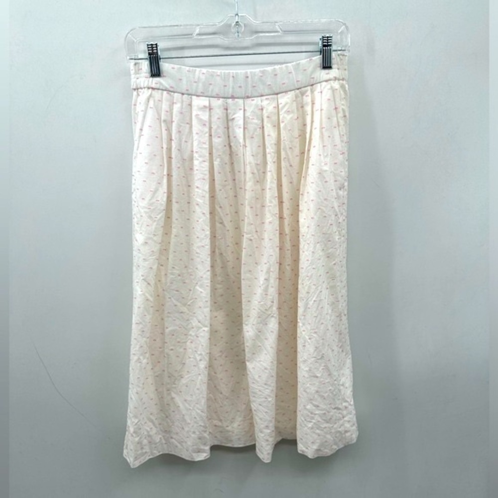 J CREW Clip dot vintage white-pink elastic waist pleated midi length skirt. XS